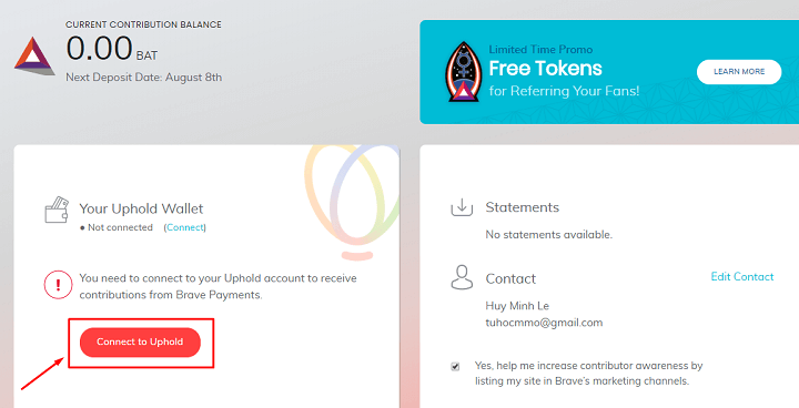 Bạn quay trở lại trang Dashboard của Brave Publisher => Connect to Uphold 